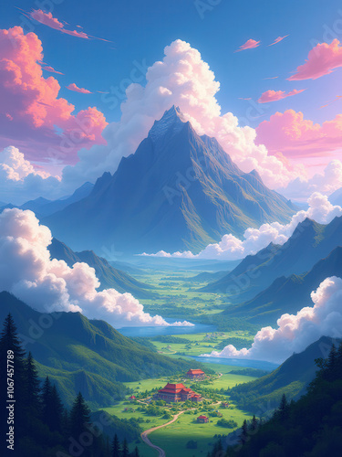 The image depicts a majestic mountain landscape with dramatic skies, lush valleys, and a small village comfortably settled in a serene atmosphere.