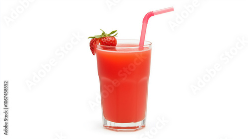 Refreshing strawberry juice with pink straw and fresh fruit garnish on white ...