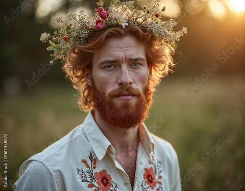 Red-haired man with a flower crown.