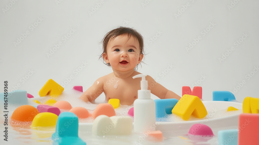 Playful baby bath time with colorful sponges in modern studio setting