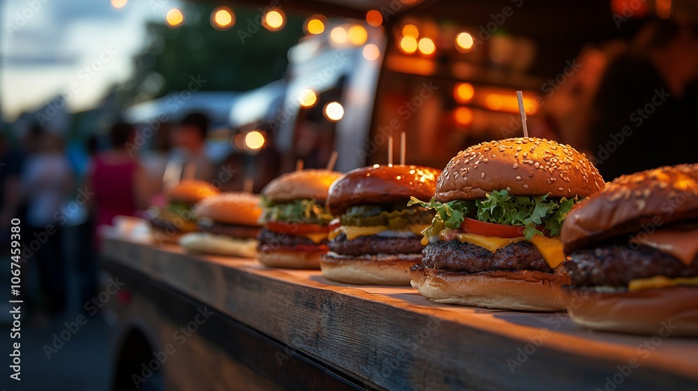 Vibrant food truck festival at night with delicious burgers on display, capturing the essence of street dining. AI generated illustration Vibrant food truck festival at night with delicious burgers on display, capturing the essence of street dining. AI generated illustration