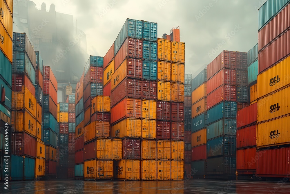 Fototapeta premium vibrant scene of cargo containers stacked on massive container ships docked at a busy industrial port highlighting the bustle of global trade and commerce