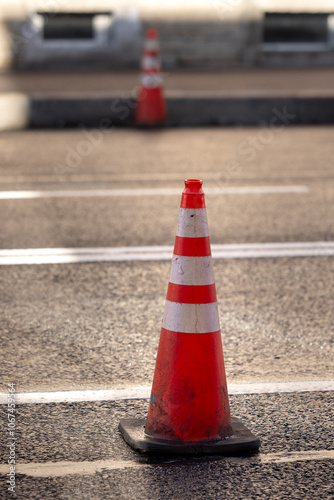 Street repair works. Construction cones on the road.