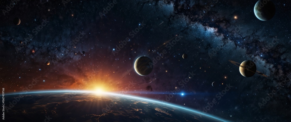 Cosmic Dawn: A mesmerizing vista of Earth bathed in the golden light of a rising sun, nestled amidst a celestial tapestry of swirling nebulae, distant stars, and wandering planets. Cosmic Dawn: A mesmerizing vista of Earth bathed in the golden light of a rising sun, nestled amidst a celestial tapestry of swirling nebulae, distant stars, and wandering planets.