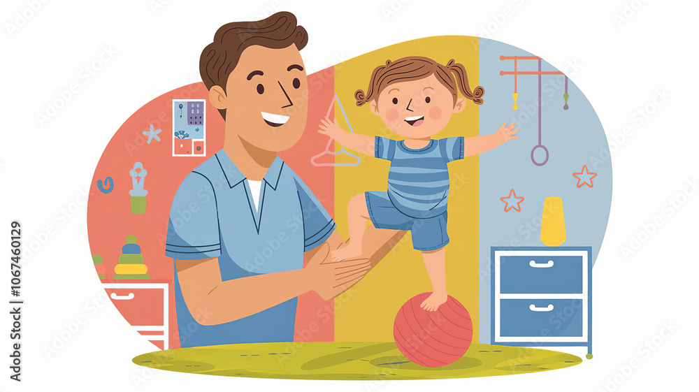 Pediatric physical therapist and child on a therapy ball in a vibrant therapy room illustration. Sensory Therapy with Children with Autism, generative AI Pediatric physical therapist and child on a therapy ball in a vibrant therapy room illustration. Sensory Therapy with Children with Autism, generative AI