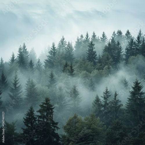 Fog above pine forests. Detail of dense pine forest in morning mist. -"Fog Drifting Above Dense Pine Forests in the Morning Mist."