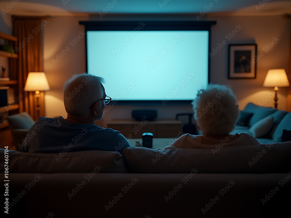 An elderly couple is relaxing in their living room watching a movie on a projector screen under the evening light An elderly couple is relaxing in their living room watching a movie on a projector screen under the evening light