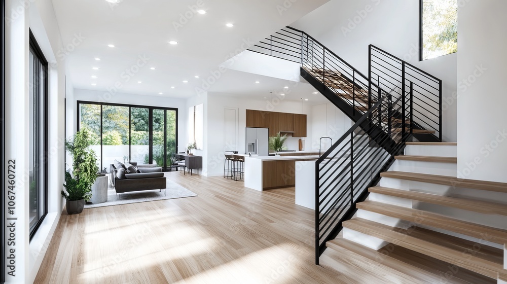 Obraz premium Modern open-concept home interior with staircase and large windows. AI generated illustration