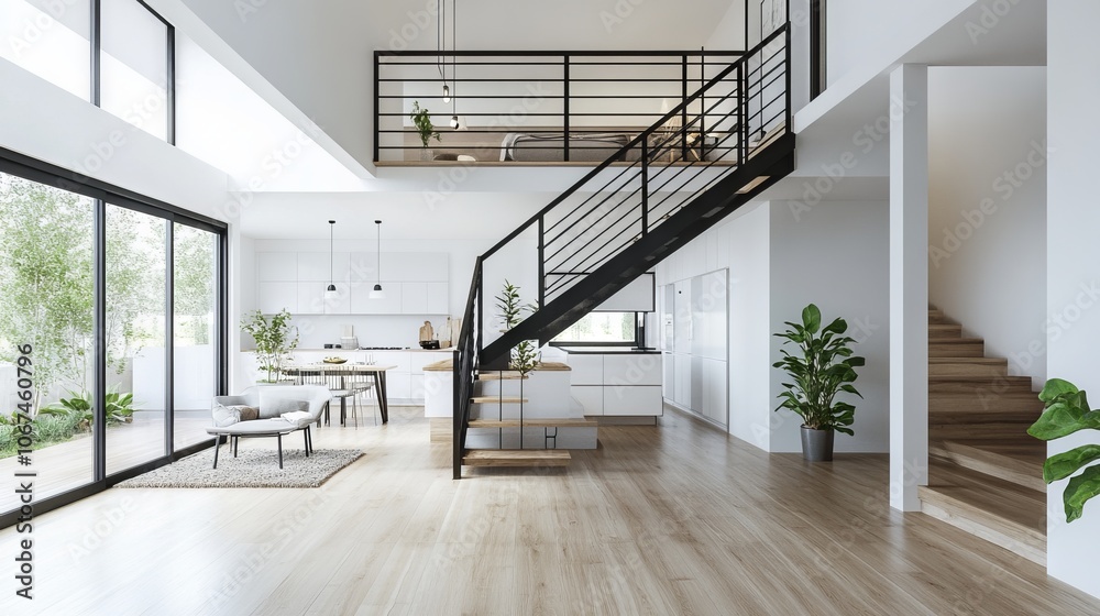 Obraz premium Modern open-concept home interior with staircase and large windows. AI generated illustration