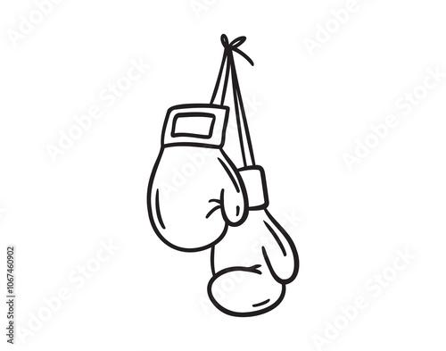 Line hand drawn doodle boxing gloves with ribbon. Outline box drawing icon isolated on white background