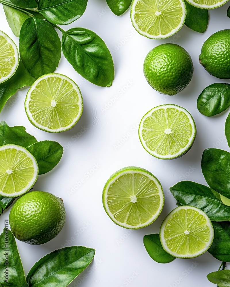Fresh lime slices and vibrant leaves create a lively arrangement on a white background Fresh lime slices and vibrant leaves create a lively arrangement on a white background