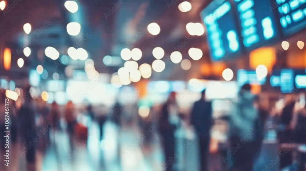 Busy airport check-in area with travelers and digital displays during peak travel hours Busy airport check-in area with travelers and digital displays during peak travel hours