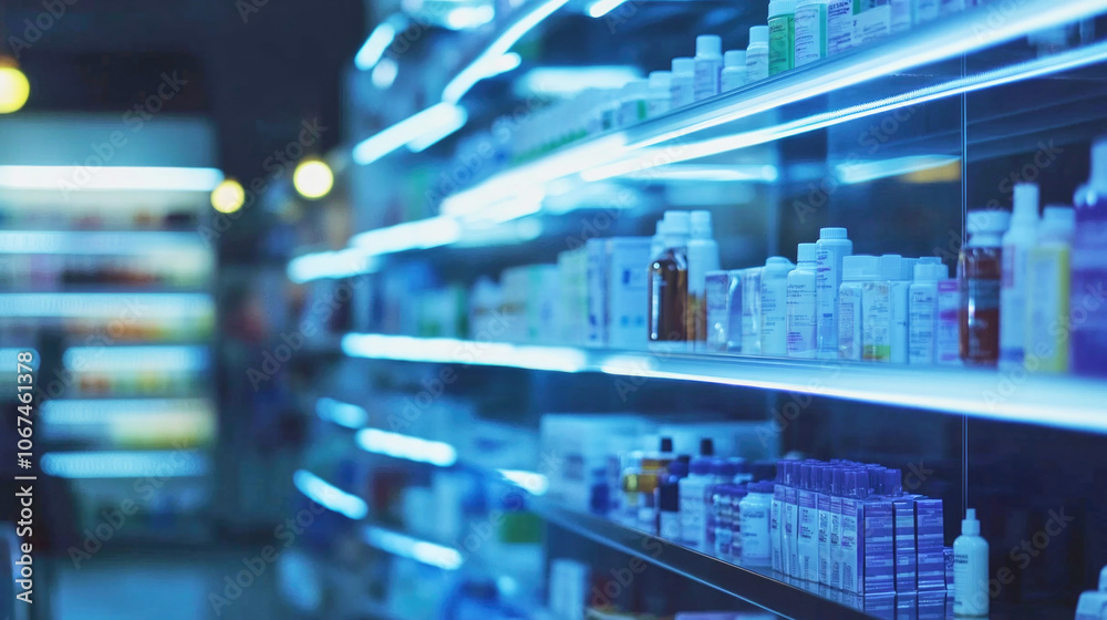 Modern pharmacy counter with illuminated shelves filled with medicine bottles Modern pharmacy counter with illuminated shelves filled with medicine bottles