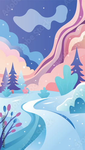 Abstract winter background with fluid organic shapes and snowflakes, pastel colors with copy space