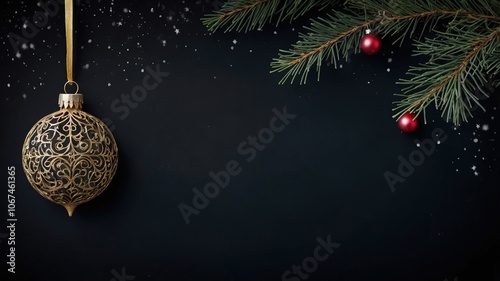 Fondo negro de pizarra con bola de navidad dorada y bolas rojas con ramas de abeto. Postal de Navidad