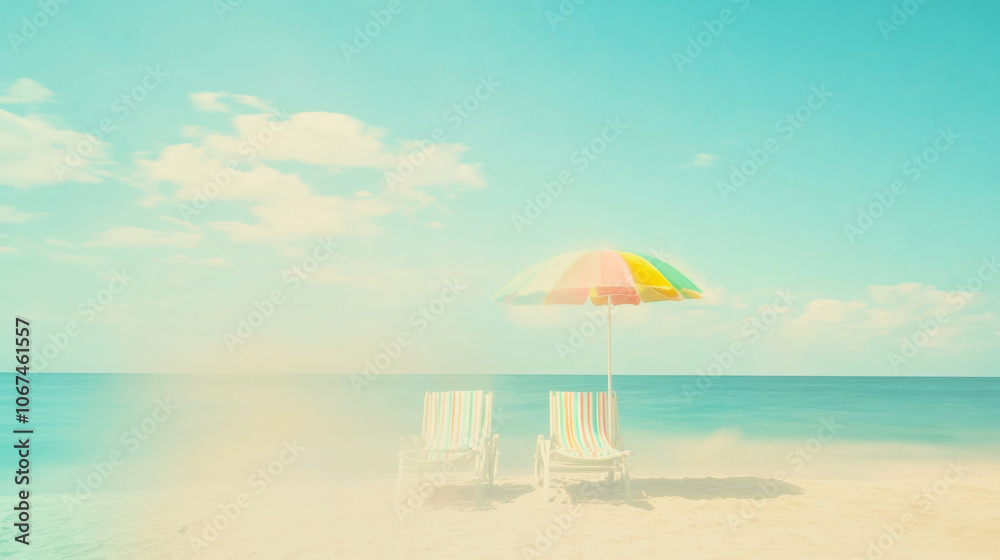 Relaxing beach day with colorful umbrella and lounge chairs overlooking serene ocean waves Relaxing beach day with colorful umbrella and lounge chairs overlooking serene ocean waves