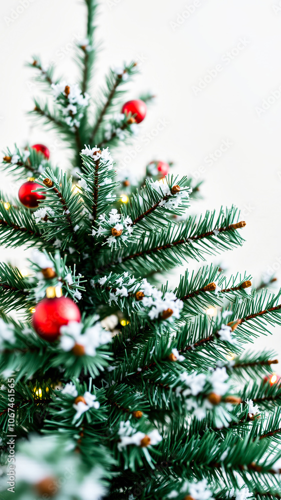 snowy evergreen branch adorned with red ornaments snowy evergreen branch adorned with red ornaments