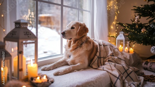 Cozy Golden Retriever Dog by Window with Christmas Lights and Candles