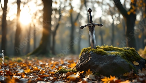 sword in the forest with the sun shining through the trees