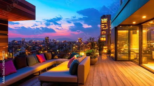 Blurred evening view from a rooftop terrace overlooking a vibrant city skyline at twilight