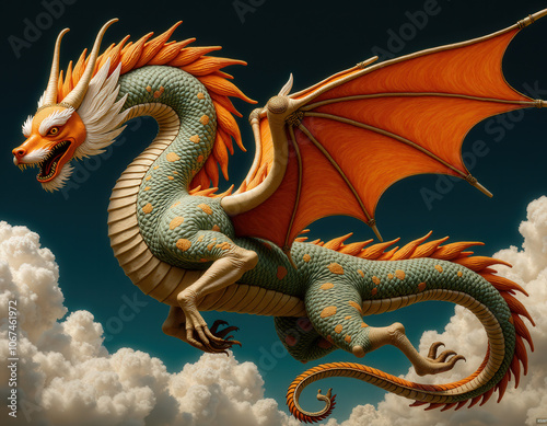 A grandiose dragon majestically flies across a clear blue sky, its powerful form and scales embody mythical strength. photo