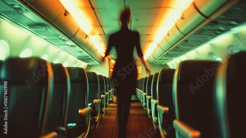 A flight attendant walks through the aisle of an airplane amid blurred background seats