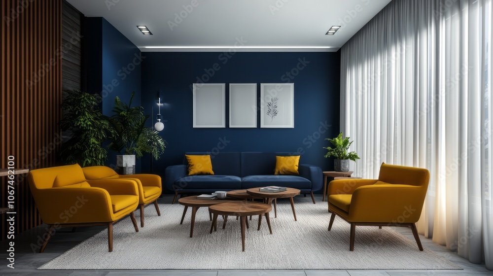 Contemporary Living Room with Blue Walls, Yellow Armchairs, and Wooden Coffee Tables Contemporary Living Room with Blue Walls, Yellow Armchairs, and Wooden Coffee Tables