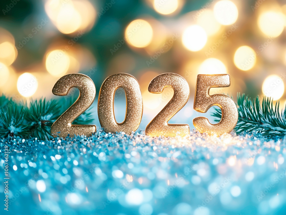 New Year's soft blue blurry shiny glitter background with gold shining numbers 2025 on it New Year's soft blue blurry shiny glitter background with gold shining numbers 2025 on it