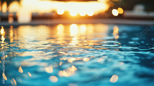 Luxury resort pool at sunset capturing the serene glow of water in soft focus