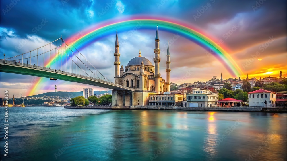 Obraz premium July 15 Martyrs Bridge Ortaky Mosque Rainbow Minimalist AI Photography
