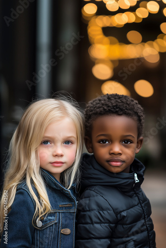 Blonde little girl and black little boy in the street.