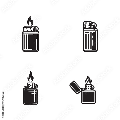 Lighter Silhouette Vector Set, Black and White Lighter Icons, Portable Lighter Silhouette Set