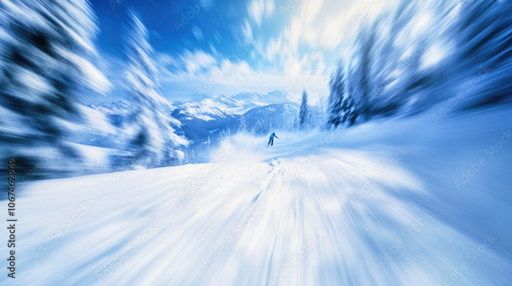 Dynamic downhill skier racing through a snowy mountain landscape in vibrant winter hues Dynamic downhill skier racing through a snowy mountain landscape in vibrant winter hues