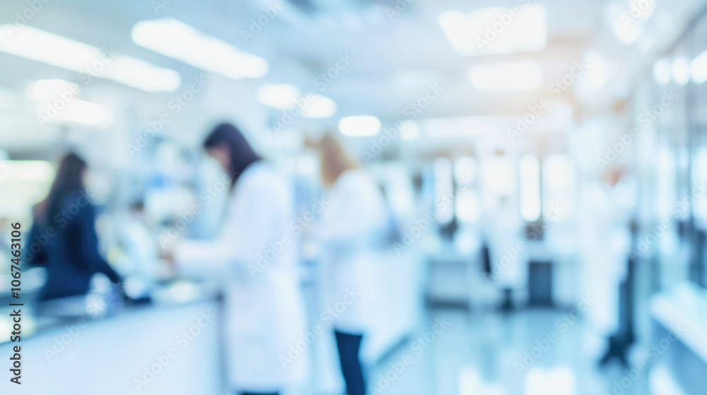 Blurred view of scientists conducting research in a modern hospital lab setting Blurred view of scientists conducting research in a modern hospital lab setting