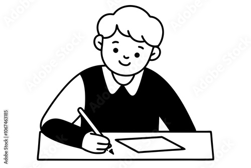 Child Doing Homework, writing in notebook, Cartoon illustration.