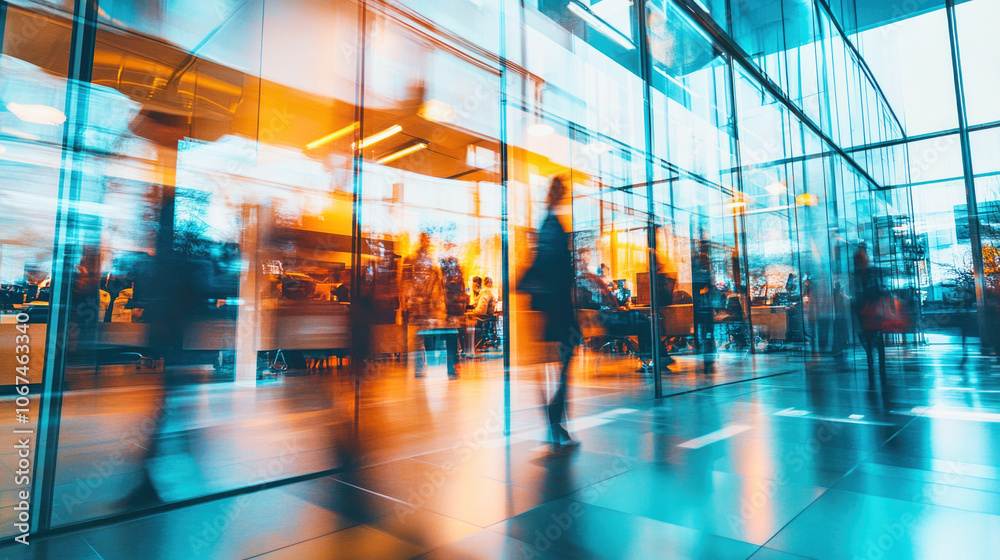 Blurred view of a modern corporate office bustling with activity and collaboration Blurred view of a modern corporate office bustling with activity and collaboration