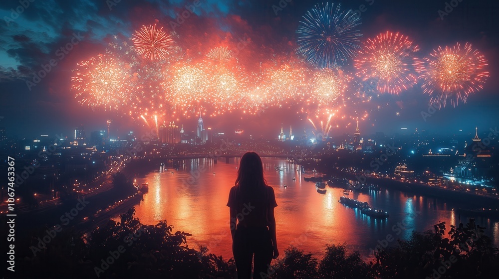 Fototapeta premium rear view woman looking at the bright fireworks flash in the night sky