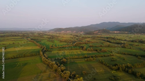 Ljubljansko barje in the evening light, Slovenia farmlands from above, drone shot, aerial footage photo