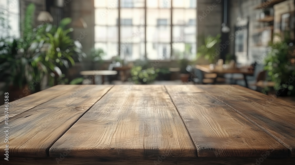 Wooden table with a view of a room with plants and a window. The table is empty and the room is bright and inviting Wooden table with a view of a room with plants and a window. The table is empty and the room is bright and inviting