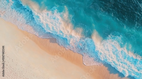 An aerial view of a pristine white sand beach meeting the turquoise ocean waves.