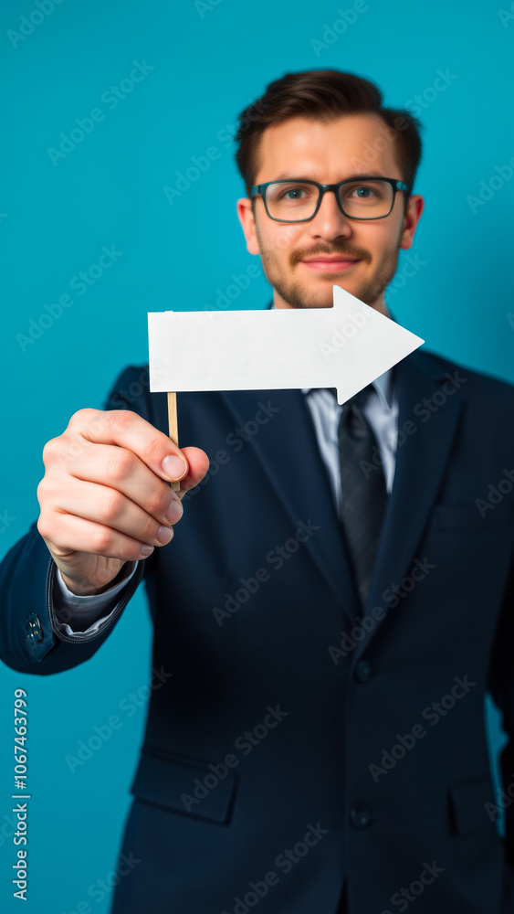 man a suit holds a white arrow pointing right man a suit holds a white arrow pointing right