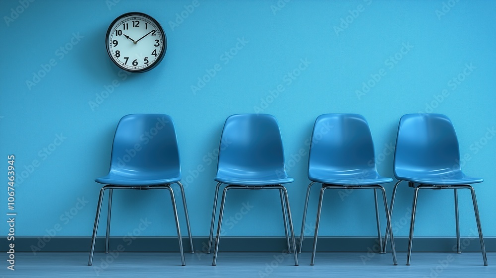Obraz premium Blue wall with a clock and four blue chairs. The chairs are arranged in a row and the clock is on the wall