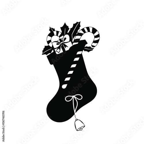 a black silhouette of a Christmas stocking. The stocking is decorated with a gift box, a candy cane, and holly leaves