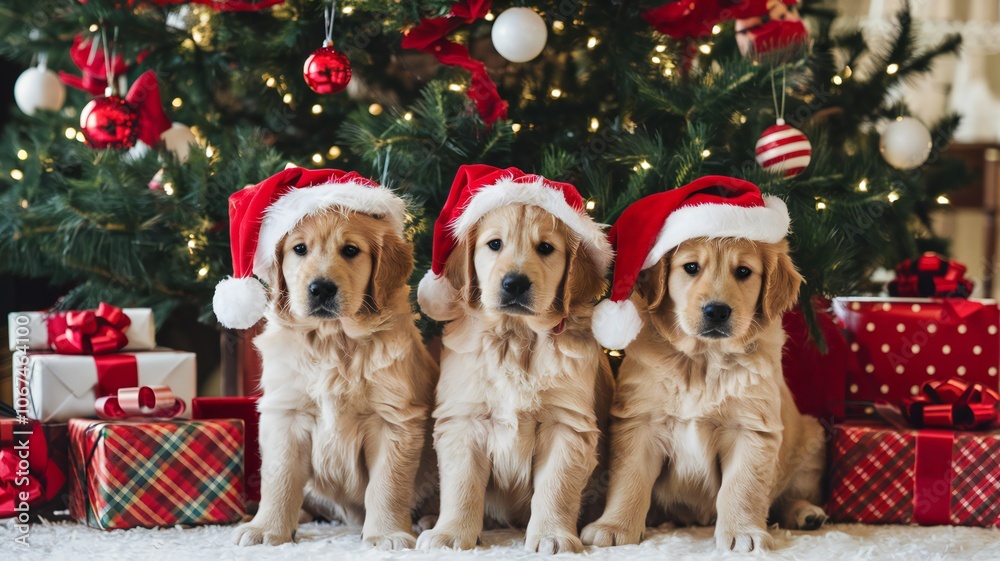 Adorable Golden Retriever Puppies in Santa Hats Under Christmas Tree Adorable Golden Retriever Puppies in Santa Hats Under Christmas Tree