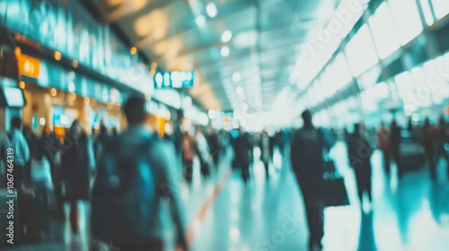 Busy departure gate at a modern airport with travelers moving in various directions