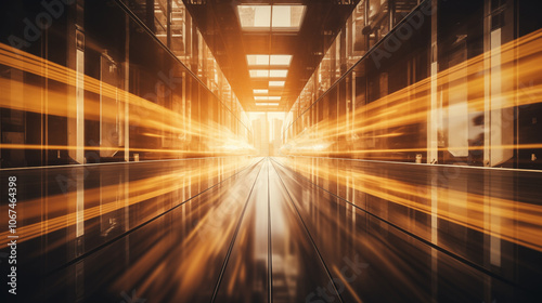 Modern corporate hallway bathed in warm golden light rays, dynamic futuristic atmosphere. Perspective leads to a bright white light at the end, suggesting motion and progress within a business context