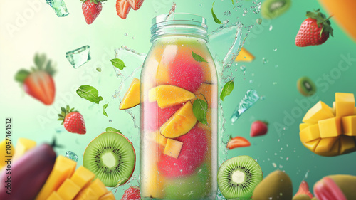 Fresh fruit and ice cubes splashing into infused water in glass jar