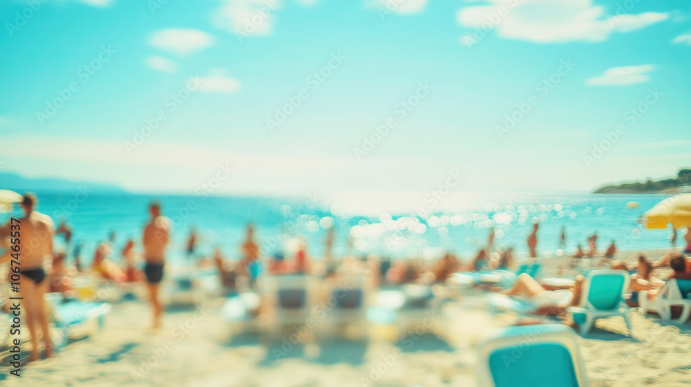 Obraz premium Crowded summer beach day with lounge chairs and beachgoers enjoying the sun and waves