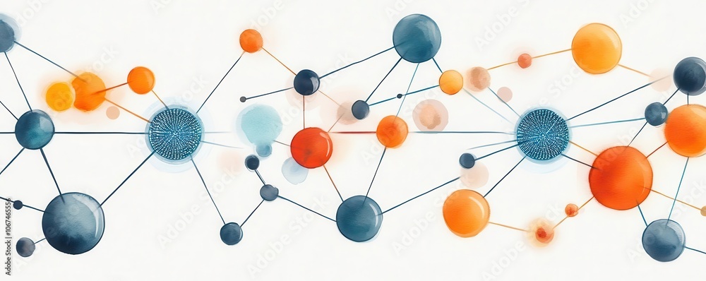 A vibrant illustration depicting interconnected spheres and nodes in shades of blue and orange, symbolizing networks or data connections. A vibrant illustration depicting interconnected spheres and nodes in shades of blue and orange, symbolizing networks or data connections.