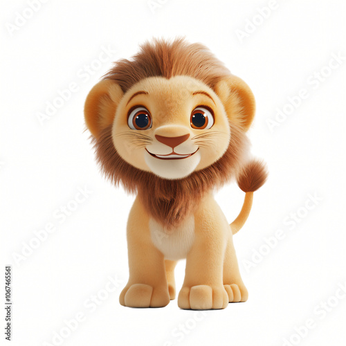 A cute lion cub cartoon character isolated on white, looking fun and friendly, with a playful and furry appearance